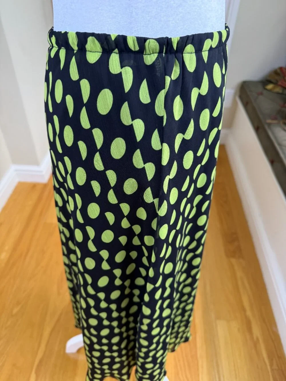 Polka Dot Midi Skirt Green Black Abstract Dots A-Line Flowy (8)